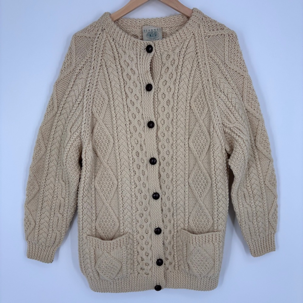 VTG Blarney Woollen Mills Handknit Aran Cardigan Sweater Mens L/XL Cream Wool